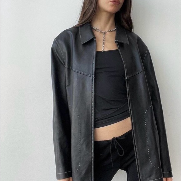 ITALIAN VINTAGE ZIP UP CONTRAST STITCH BLACK LEATHER JACKET - Picture 6 of 8